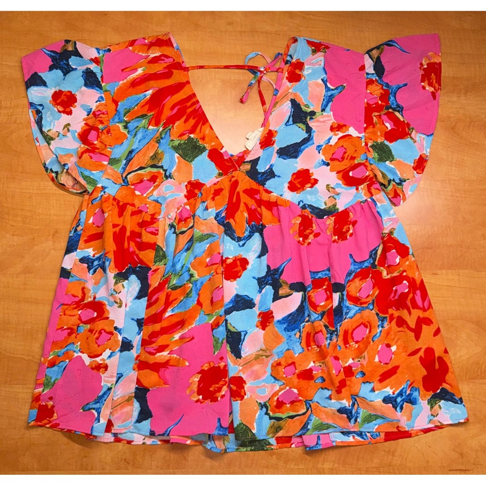 Entro Floral Babydoll Top XL Pink Orange Blue V-Neck Flutter Sleeve Blouse
